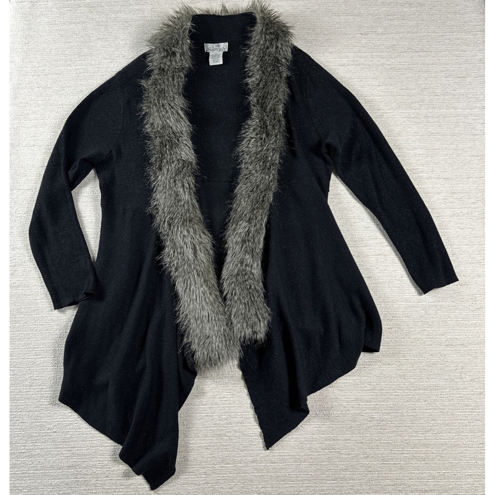 Glam Faux Fur Trim Cardigan Black Silver Metallic Y2K Party Nouveau Plus 1X